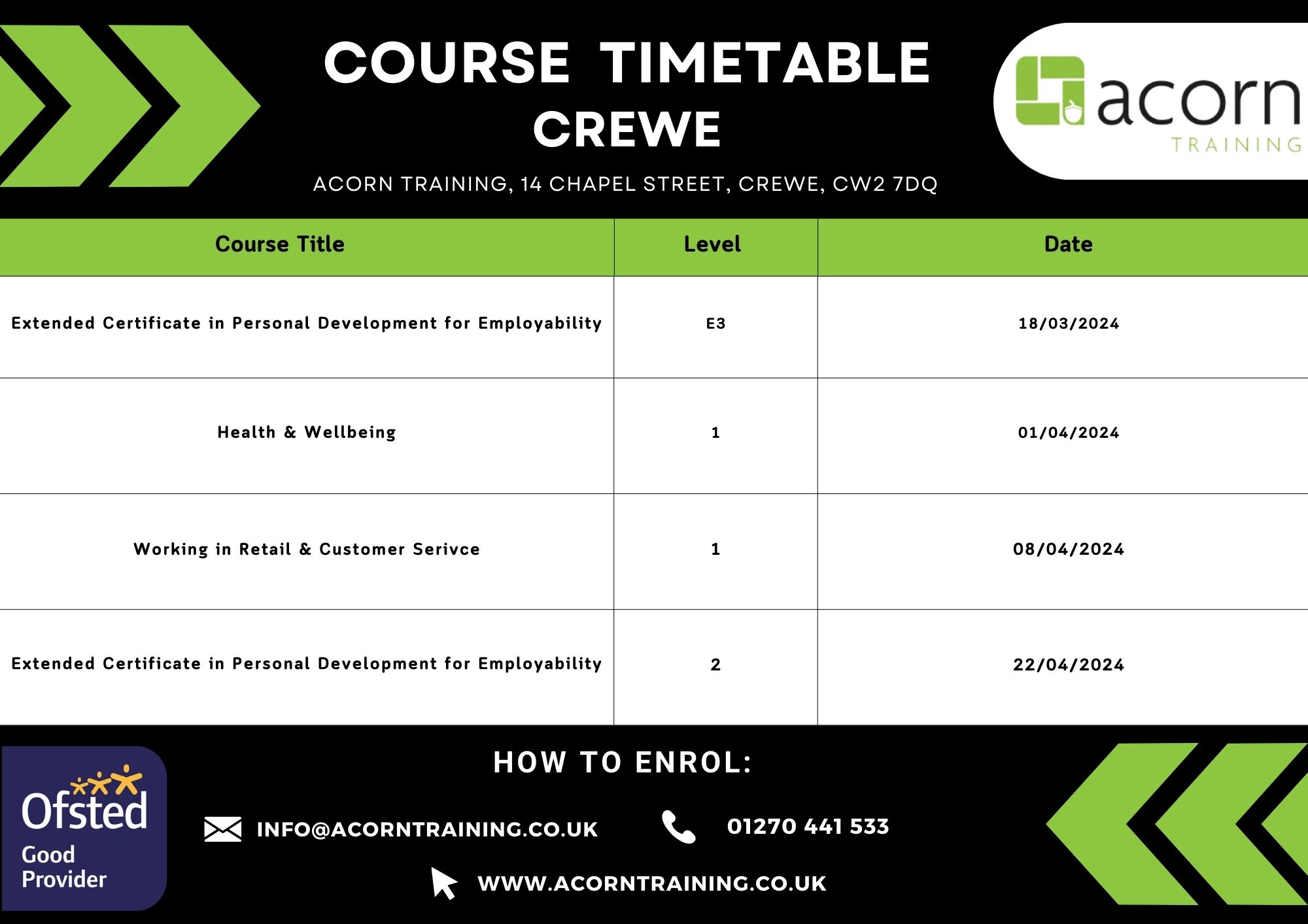 Course Timetables - Acorn Training Ltd